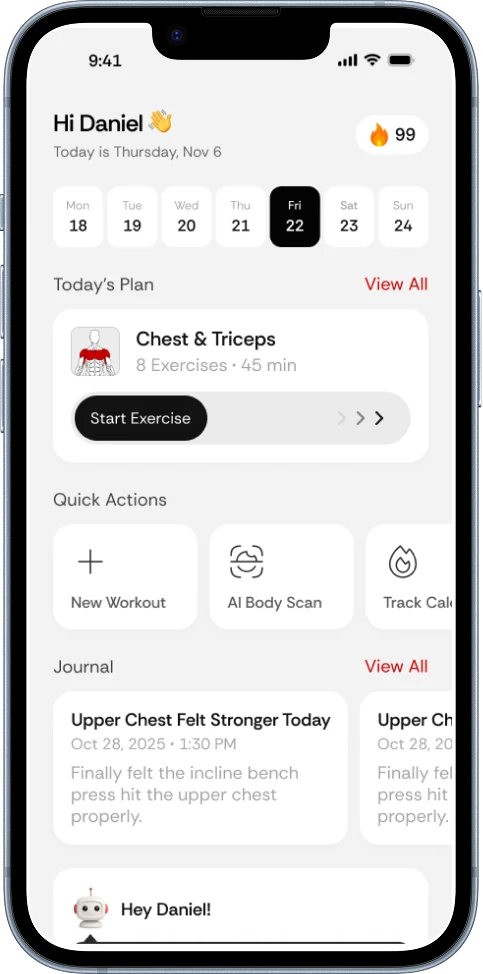 The GymGPT home screen: a greeting, a 99-day streak, today's chest and triceps session ready to start, quick actions and recent journal entries.